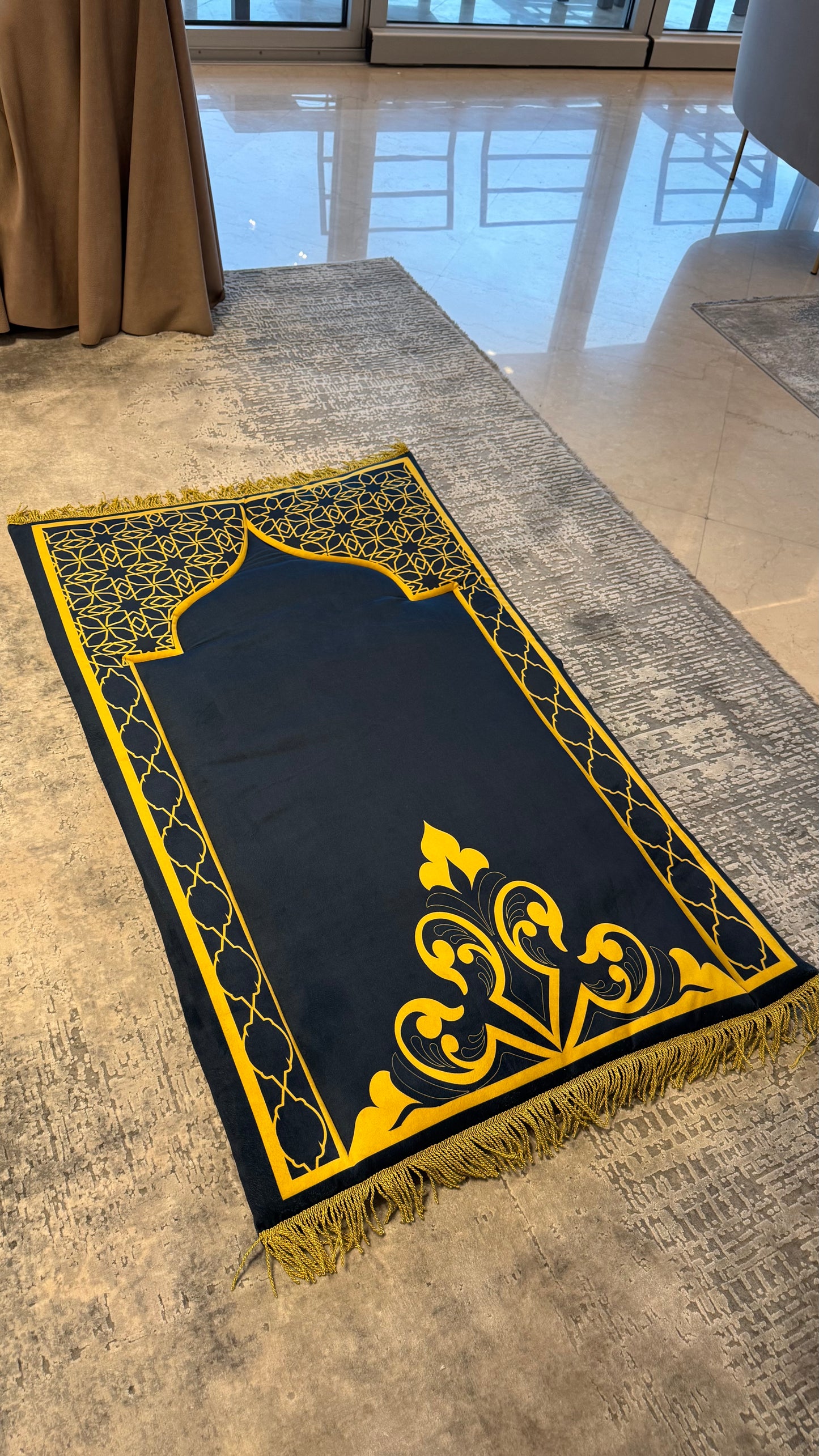 Hand-made Blue with Gold Accents Designed Prayer Rug