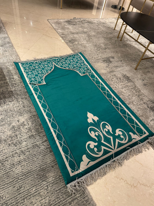 Handmade Green with Silver Accents Designed Prayer Rug