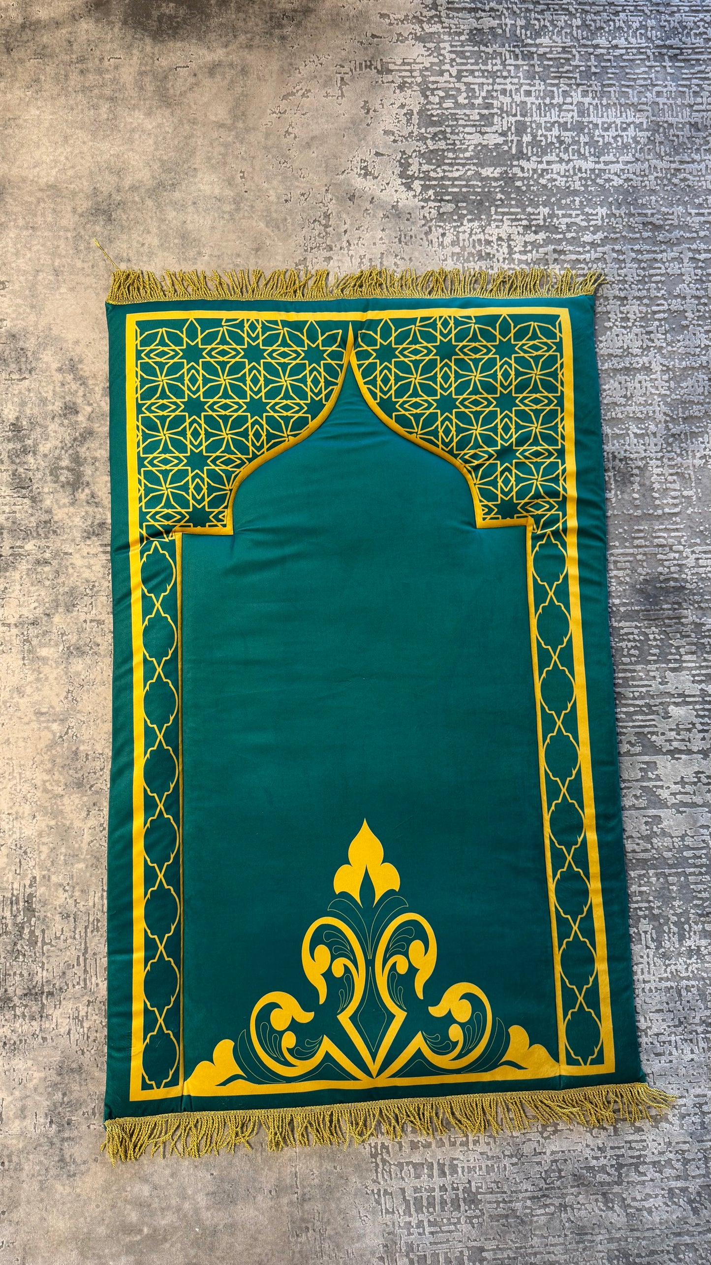 Handmade Green with Gold Accents Designed Prayer Rug