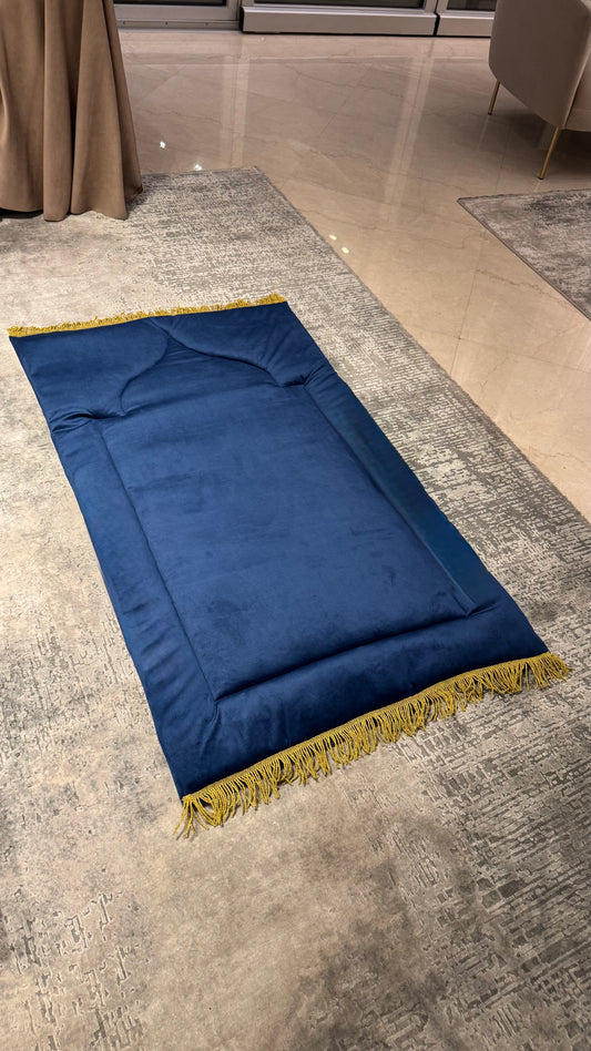 Handmade Silky Soft Plain Blue with Gold Endings Prayer Rug